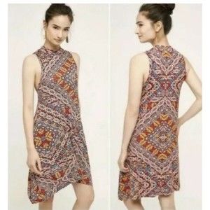 ANTHROPOLOGIE Maeve Dress Red Yellow Geometric Mock Neck Shark Bite sleeveless